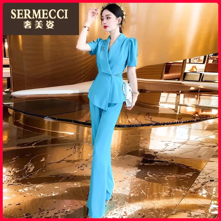 收腰通勤高级感夏季简约别致独特西装直筒裤两件套装显瘦气质时尚