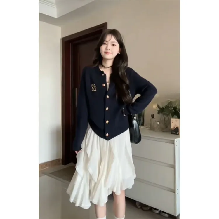 2025秋季新款女士圆领长袖排扣韩系小香风上衣外套设计感半身裙