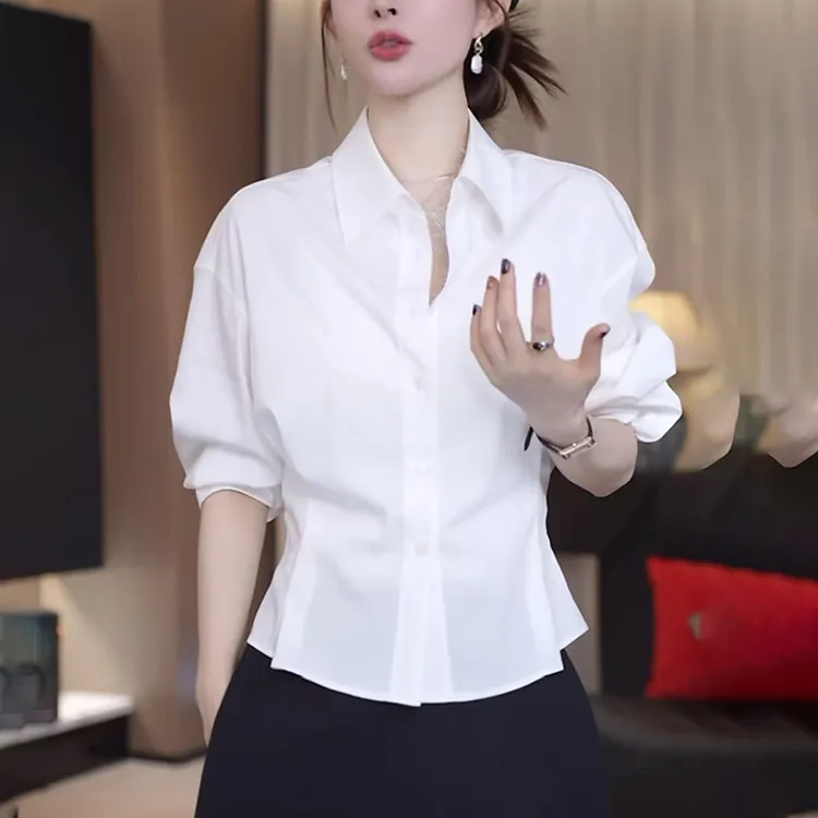 2025秋季新款高级感白色长袖衬衫女轻奢收腰显瘦内搭打底衫上衣