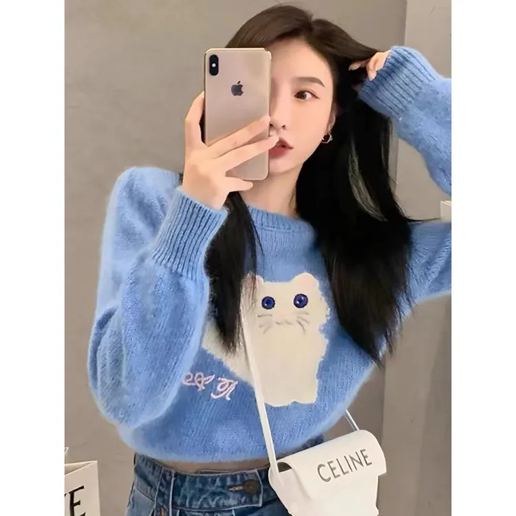 秋冬装新款女日系猫咪温柔风气质针织套头上衣外穿毛衣费尔岛打底
