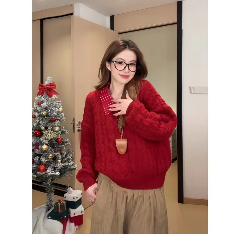 冬季简约百搭红色波点假两件Polo领套头宽松设计感显瘦针织衫毛衣