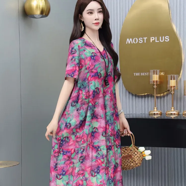 中老年连衣裙天丝棉麻加肥加大码洋气妈妈装中长款连裙子8989-2