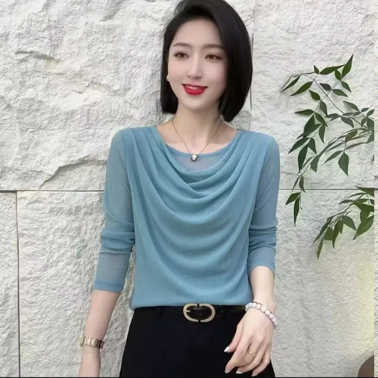 简约T恤圆领修身型修身长袖女士堆堆领通勤纯色洋气宽松型023