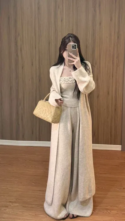 法式慵懒风宽松百搭中长款开衫针织吊带高腰显瘦A字半身裙三件套