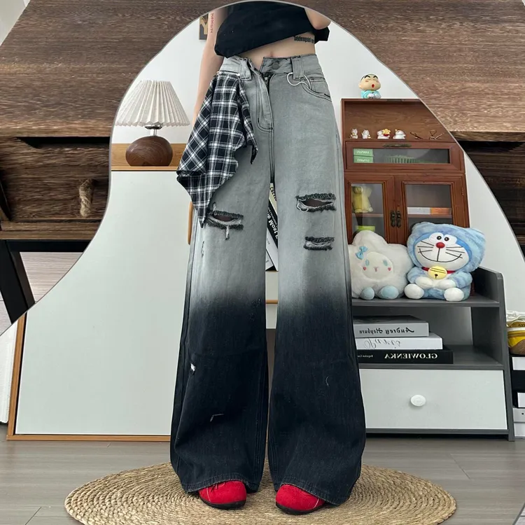 特大码水洗渐变黑色破洞牛仔裤女款爆款2025新款胖mm显瘦阔腿裤潮