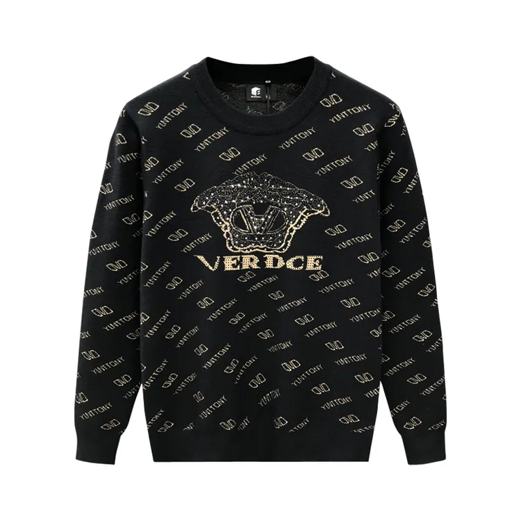 怀勤桑顿字母提花毛衣男士秋冬季新款圆领套头针织衫烫钻男线衣