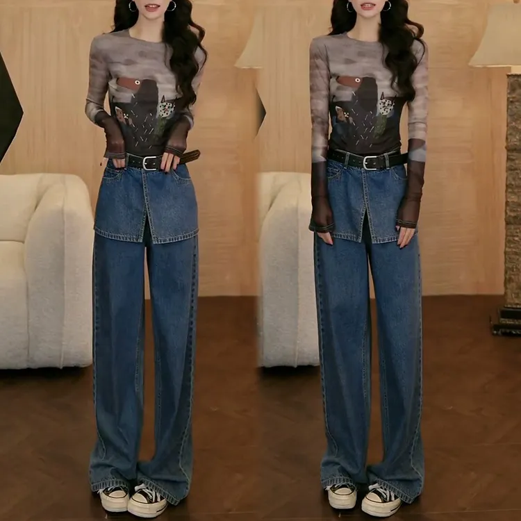 港风复古高级感套装女2025春秋新款扎染长袖t恤上衣牛仔裤两件套