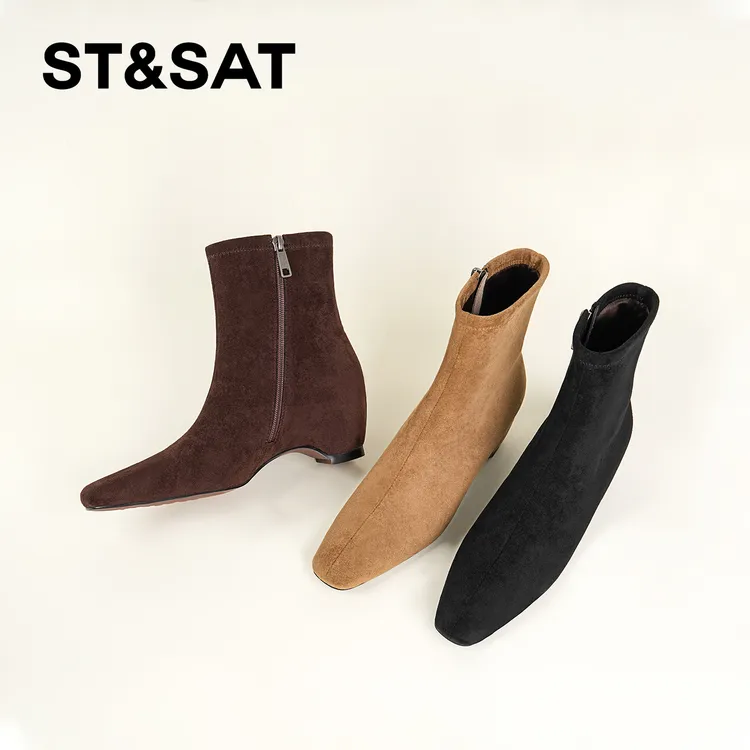 St&Sat/星期六粗跟百搭时装靴复古英伦风短靴气质法式方头瘦瘦靴