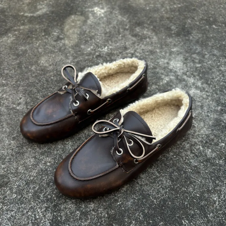 小众复古擦色系带加绒圆头做旧乐福鞋时尚百搭老钱风豆豆鞋真皮