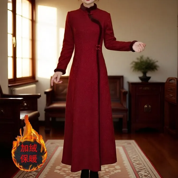 冬季新款加绒保暖改良旗袍裙时尚洋气减龄显瘦遮肉中长款过膝裙子