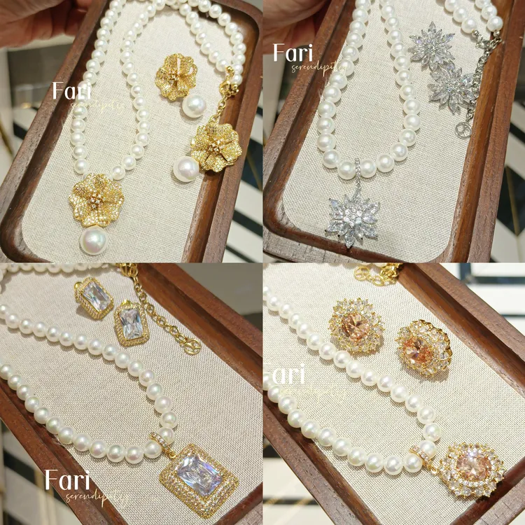 锆石钻珍珠项链耳环两件套锁骨项链奢华精致