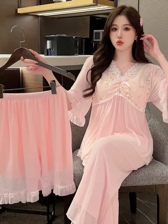 2025女款莫代尔睡衣女新款仙女风短袖带胸垫性感网纱家居服三件套