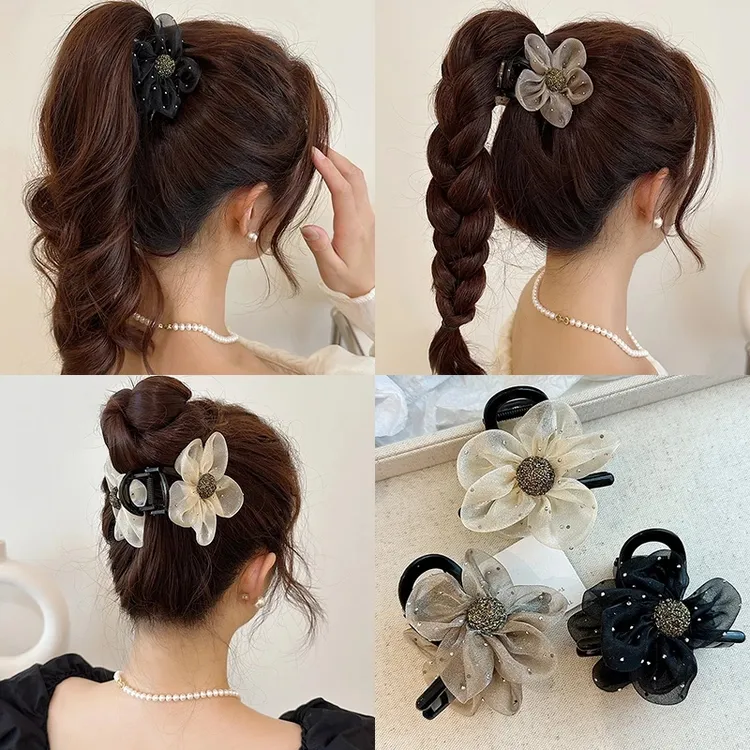 夏天新款太阳花8cm抓夹女发夹高马尾夹子固后脑勺花朵鲨鱼夹头饰