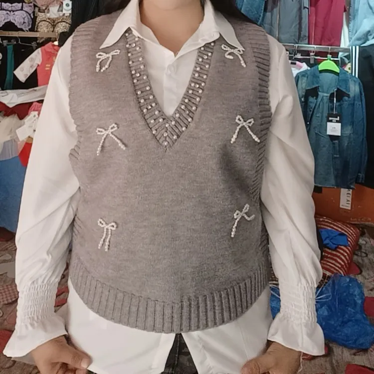 V领厚款纯色四季通用蝴蝶结马夹时尚休闲针织女士马甲春秋网红