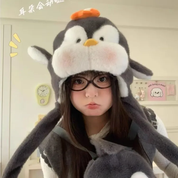 【吖比】新款2025可爱卡通企鹅毛绒绒帽子冬天毛茸茸帽子耳朵会动