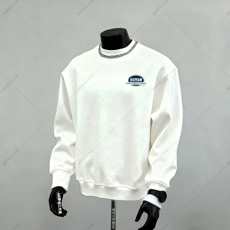 加绒卫衣美式潮牌圆领宽松套头加厚人类字母印花冬季白色长袖外套