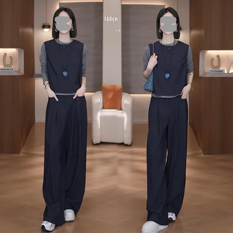 高级感马甲打底衫高腰裤套装女2025秋季新款洋气遮肉时尚三件套潮