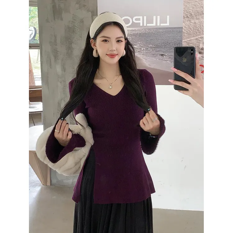 2025秋冬新款喇叭袖开叉打底衫针织衫女修身显瘦时尚百搭长袖上衣