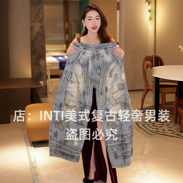 INTI轻奢原创弯刀裤高端美式复古刺绣男士牛仔裤宽松直筒大裤脚阔