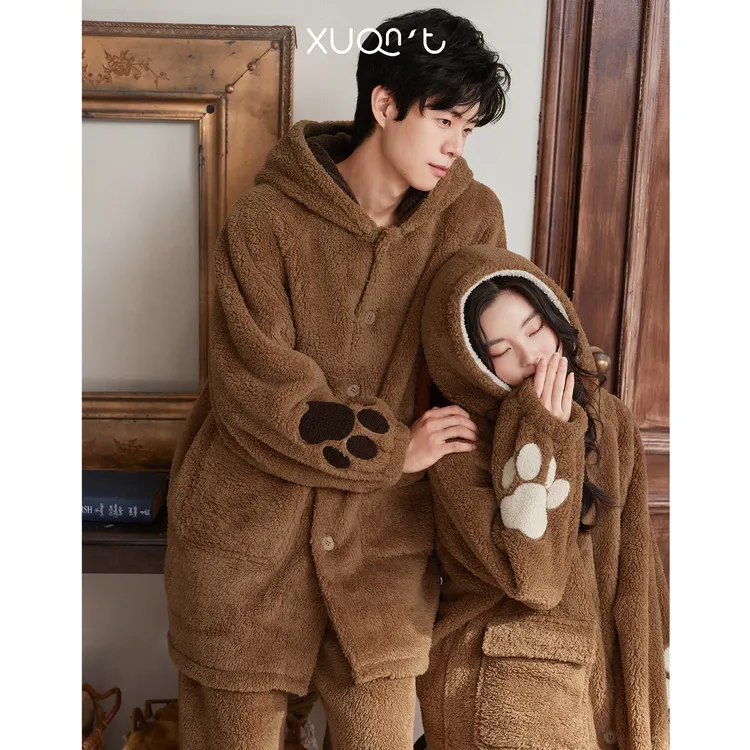 轩之婷珊瑚绒情侣睡衣秋冬款女可爱小熊连帽加厚中长款男士家居服