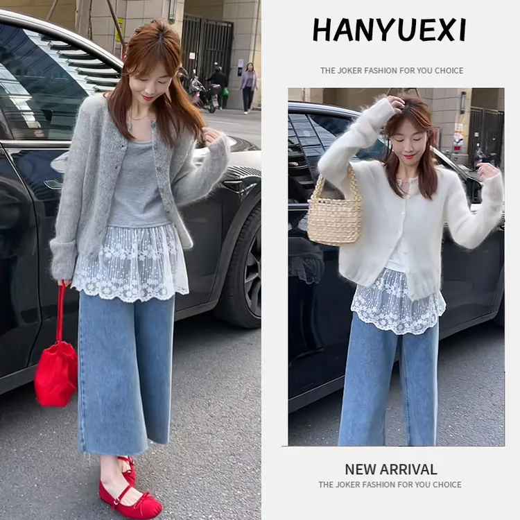 早春时尚一整套女装2025新款韩版吊带针织开衫牛仔阔腿裤三件套潮