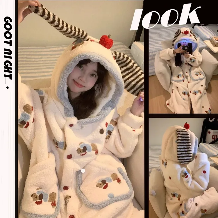 可爱少女卡通腊肠狗睡衣女珊瑚绒加绒加厚睡袍2025新款冬季家居服