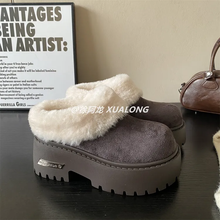 松糕厚底包头毛毛拖鞋女2025新款冬季加绒保暖勃肯鞋增高7CM棉鞋