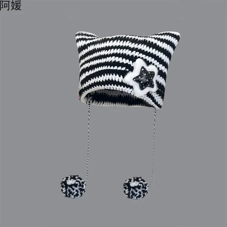 亚比风手工可爱五星猫咪耳朵条纹恶魔保暖套帽针织球球毛线帽女