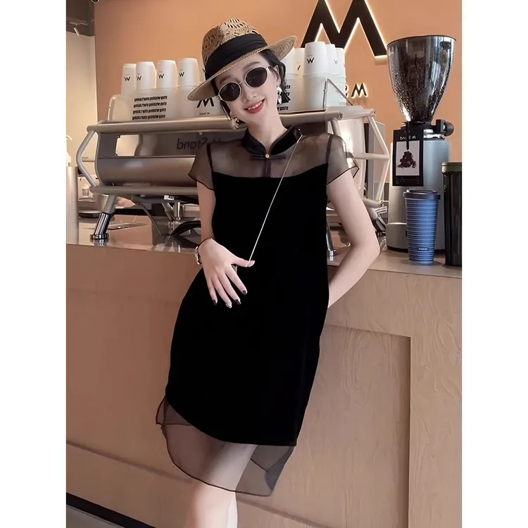 新中式拼接短袖连衣裙女2025新款夏季高端精致复古收腰显瘦小黑裙