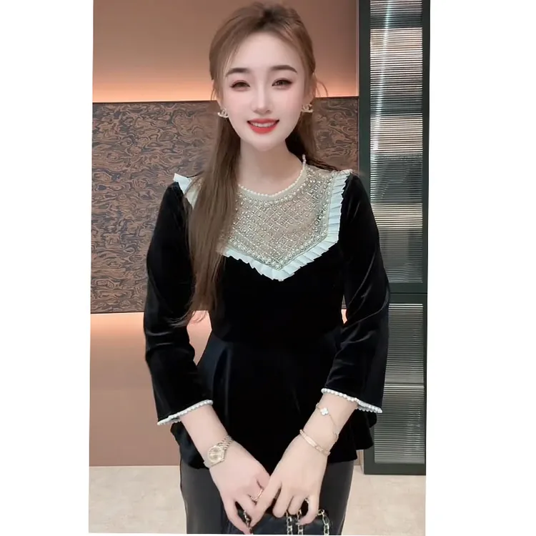 七分袖拼接圆领丝绒T恤2025秋冬新法式时尚显瘦轻奢气质百搭上衣