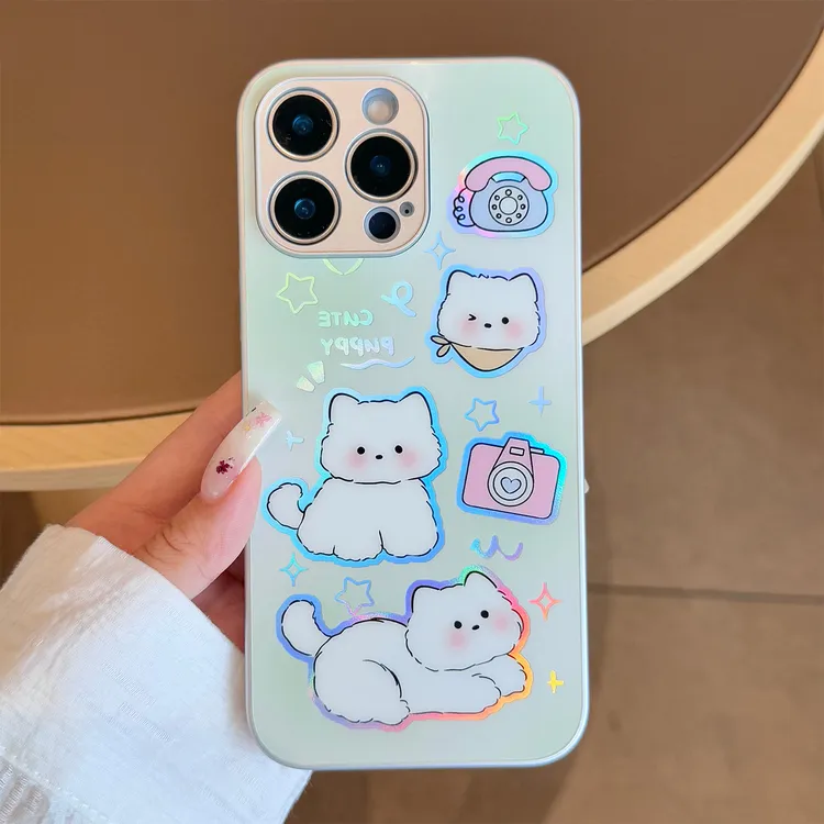 【苹果/华为/荣耀/OPPO/vivo/小米】电话小狗适用炫彩镭射女手机壳