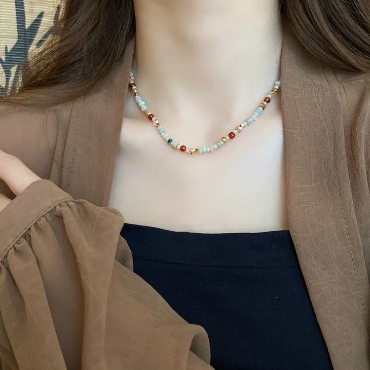 民族风天然石水晶串珠项链时尚百搭复古气质锁骨链轻奢高级感项饰