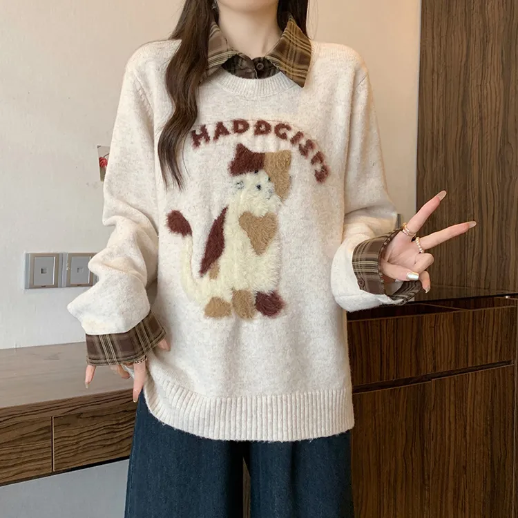 2025冬装款胖mm大码女休闲减龄绣花小猫假两件针织长袖上衣 72148