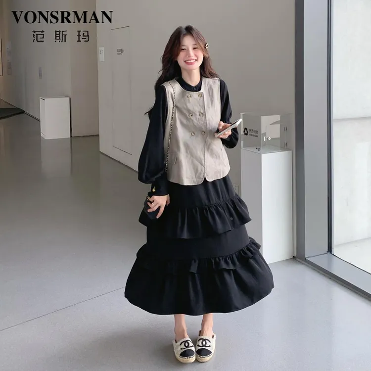 黑色长袖连衣裙两件套女2025秋季新款法式休闲马甲荷叶边长裙套装