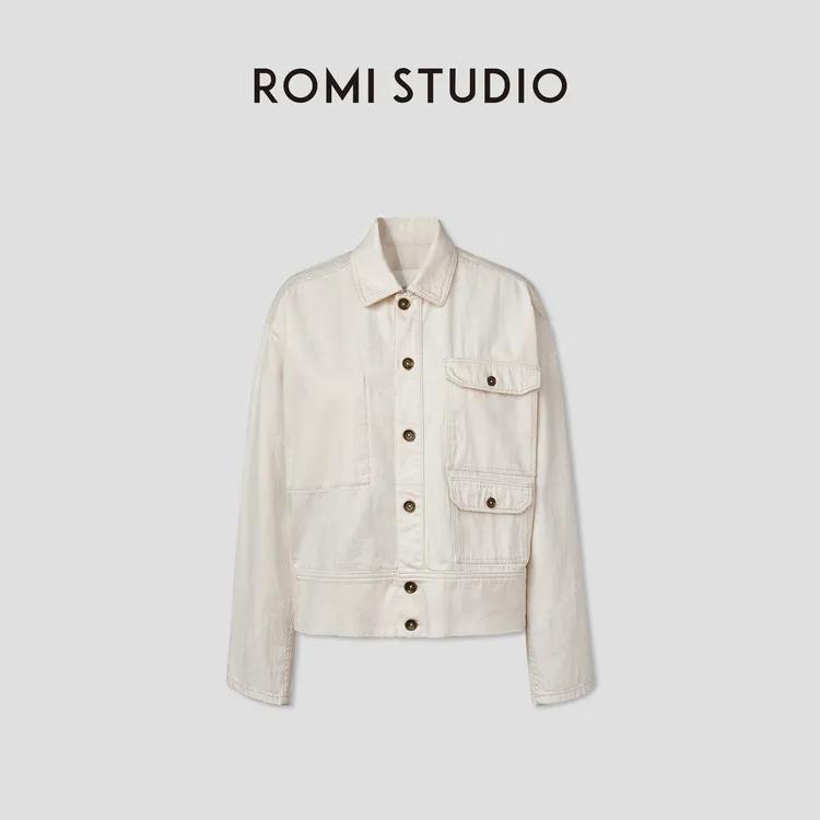 ROMI STUDIO日本进口软糯棉多口袋立领白牛仔夹克外套RWCRS84468