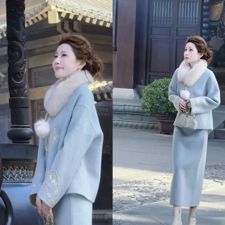 【婷婷】《风花雪月》雅致双面刺绣羊毛 重工外套半裙套装TT2SQTH2562