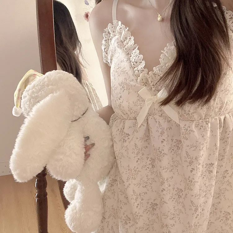 吊带杏米花睡衣女夏季泡泡棉纯欲风带胸垫短袖家居服套装少女心