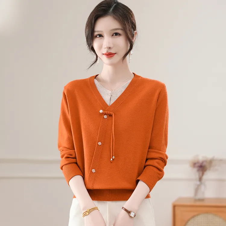 妈妈装新春秋针织衫中老年透气亲肤假两件打底50-60时尚年轻上衣