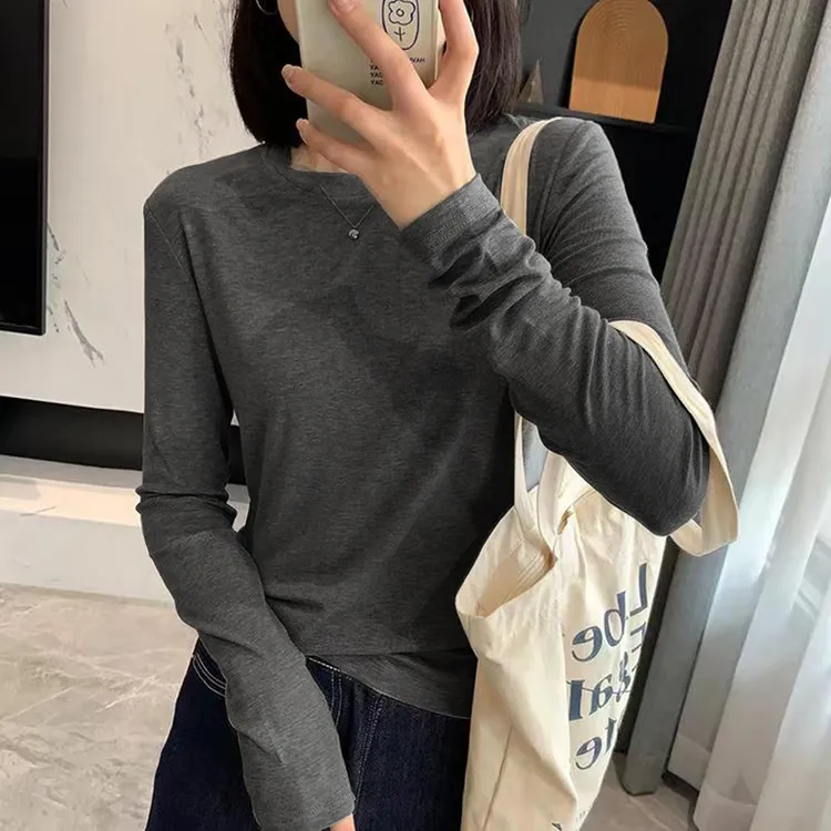 超柔软高弹力面膜T恤女正肩圆领长袖秋冬打底衫百搭白色内搭上衣