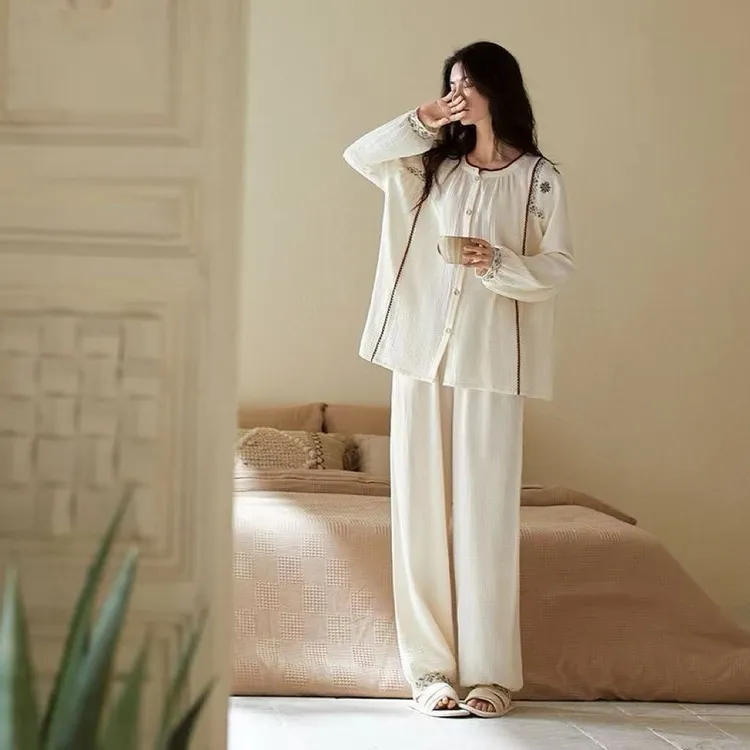 简约高级感甜美碎花长袖睡衣女士春秋新款新中式纯棉纱家居服套装