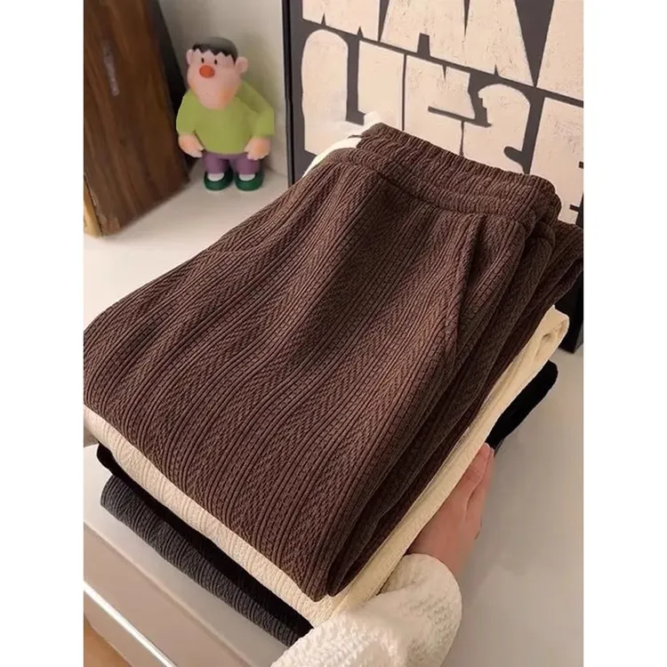 麦穗纹加绒裤子男款秋冬加厚雪尼尔卫裤宽松垂感修身显瘦直筒长裤