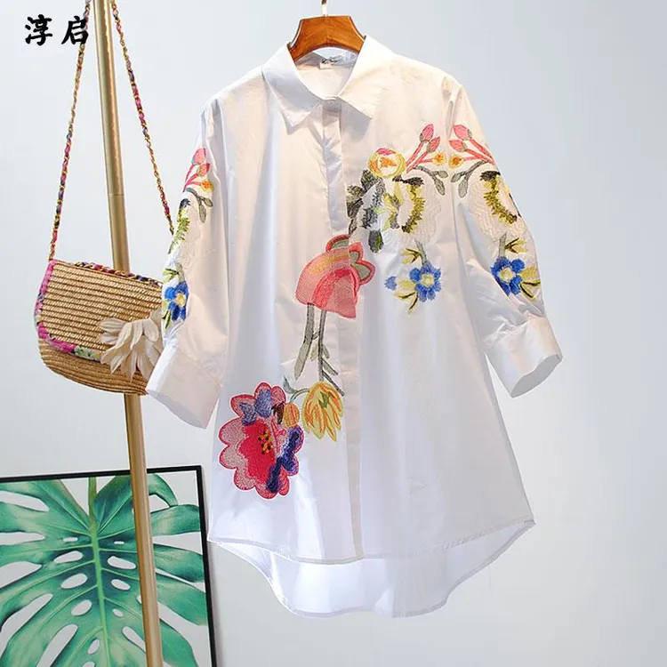 淳启时尚衬衫精致刺绣显瘦宽松七分袖中长版翻领大尺码百搭女衬衫