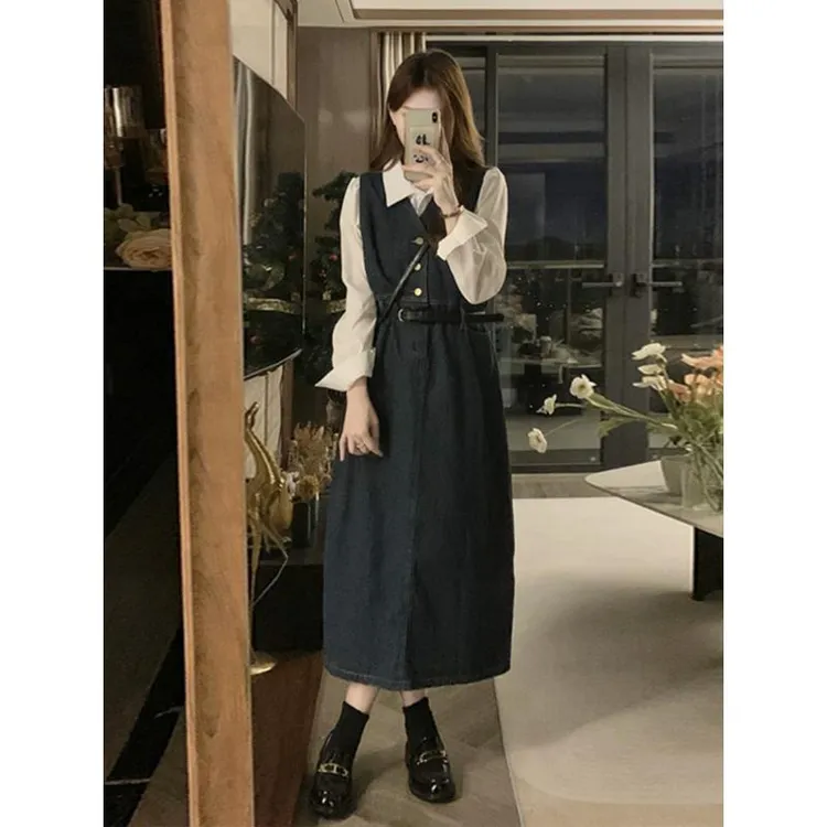 2024新款早春小个子穿搭一整套学院风牛仔连衣裙套装女高级感长裙