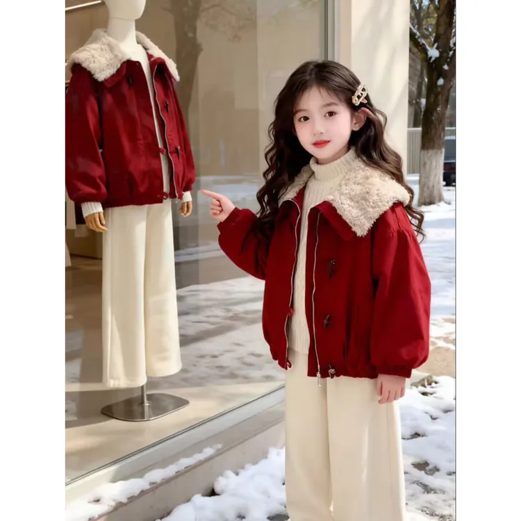女童外套冬装2025新款洋气儿童加绒加厚派克服中大童冬季红色上衣