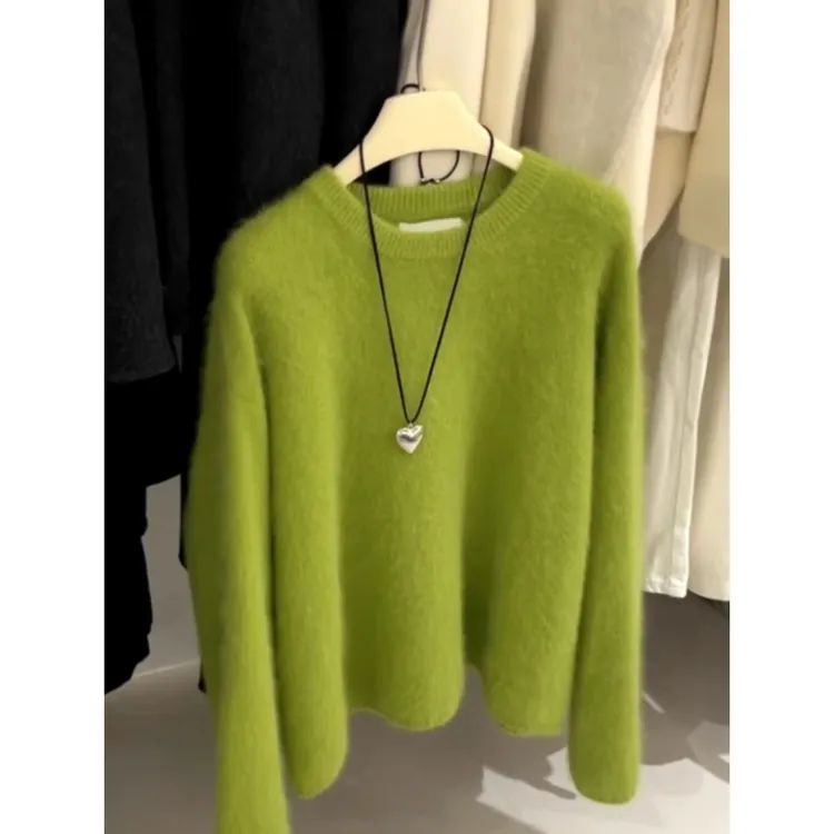 真心舒服！巨推荐！绿色针织衫圆领套头毛衣女秋冬纯色软糯外穿上衣