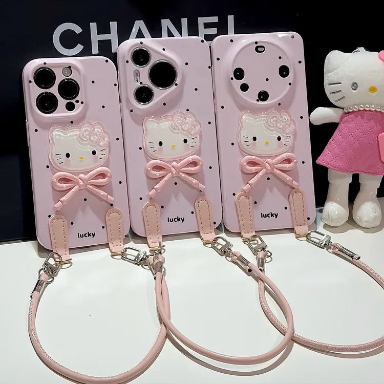 爆款粉色KT猫适用苹果16挂绳手机壳iPhone华为P70vivo小米15oppo