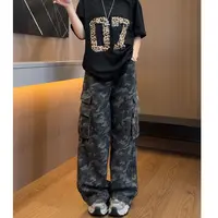 134迷彩多口袋牛仔工装裤女2025秋季新款高腰显瘦直筒裤宽松长裤