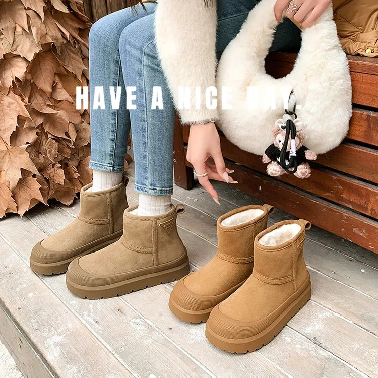 栗色简约厚底勃肯雪地靴女款2025冬季新款学院风保暖加绒防滑棉鞋