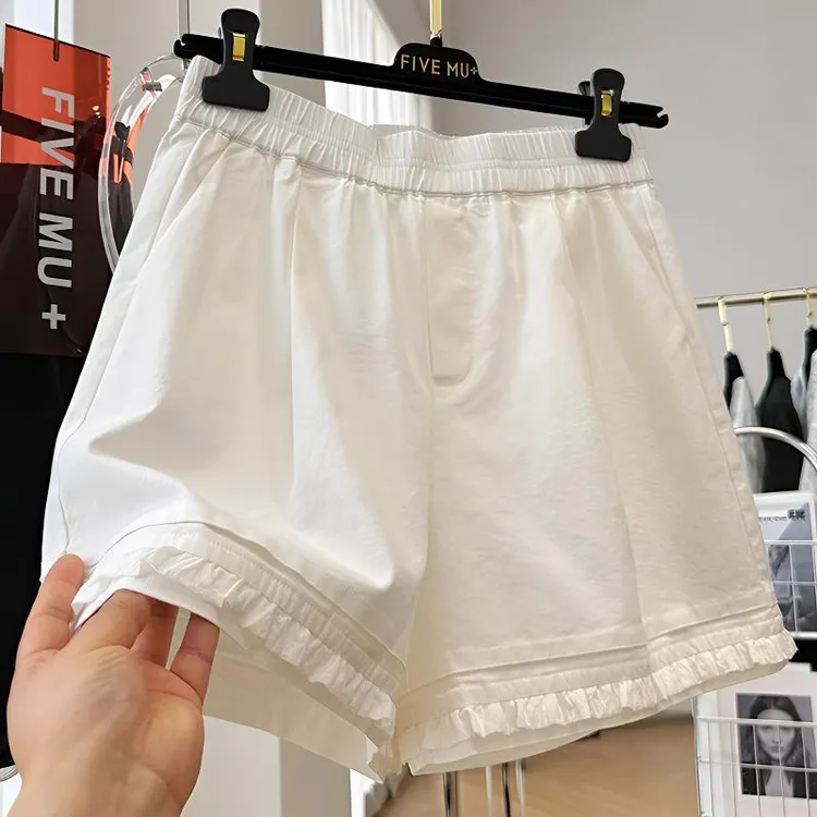  高级感白色木耳边韩系A字休闲短裤女夏季外穿阔腿直筒裤热裤裤子