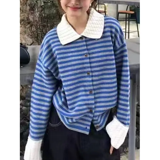上衣开衫毛衣长袖针织衫宽松条纹秋季百搭休闲网红设计感女装2025